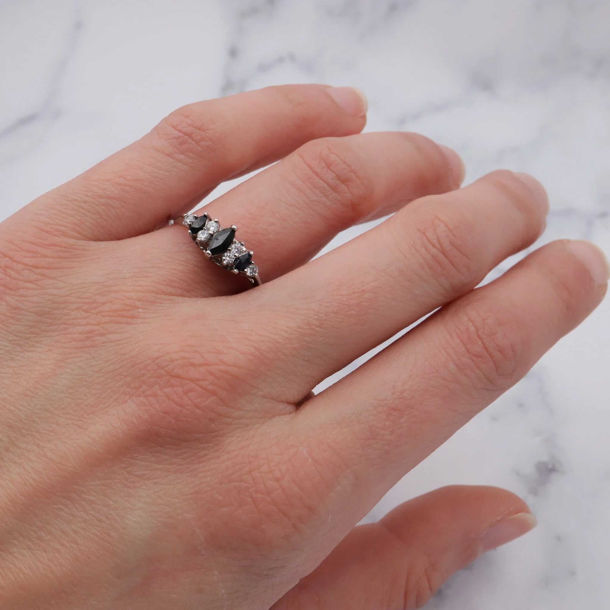 Vintage sterling, cubic zirconia & raw sapphire ring, sz 8.25